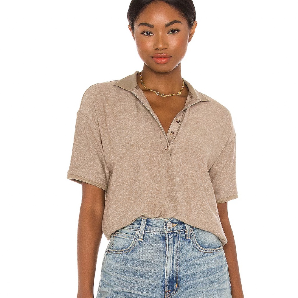 Richer Poorer Brown Cozy Knit Short Sleeve Baggy Preppy Polo T-Shirt Size Small